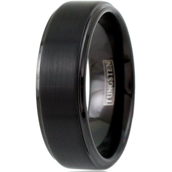 Black Tungsten Ring | Raised Center Band | Stepped Edge | Wholesale Tungsten Rings & Wedding Bands | Upright Photo