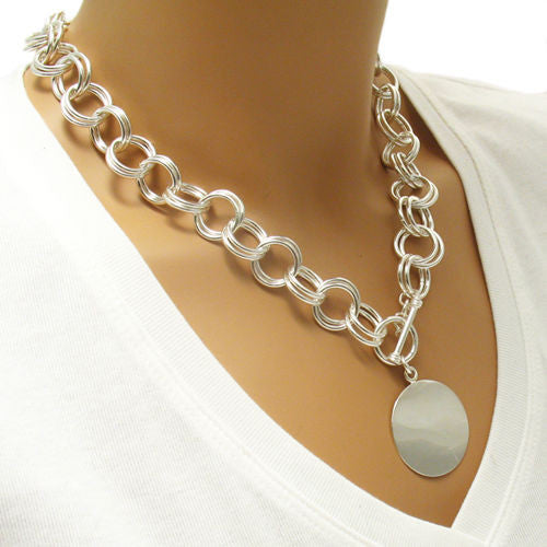 Double rolo necklace with engravable circle pendant & toggle lock | Wholesale Fashion Jewelry | Alternate photo