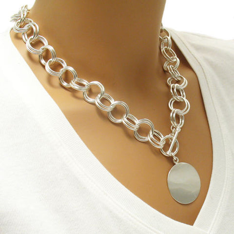 Double rolo necklace with engravable circle pendant & toggle lock | Wholesale Fashion Jewelry | Alternate photo