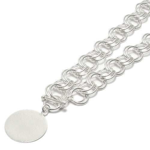 Double rolo necklace with engravable circle pendant & toggle lock | Wholesale Fashion Jewelry | Close-up photo