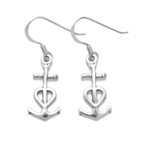 Adorable anchor with heart hanging hook earrings | Wholesale 925 Sterling Silver Jewelry | Item photo