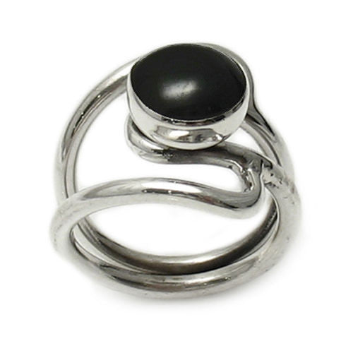 Art Deco Inspired Round Black Onyx Double Band Ring in Sterling Silver