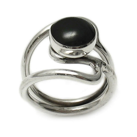 Art Deco Inspired Round Black Onyx Double Band Ring in Sterling Silver