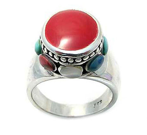 Art Deco inspired round red agate with mixed stones ring | Wholesale sterling silver rings - Jewelry