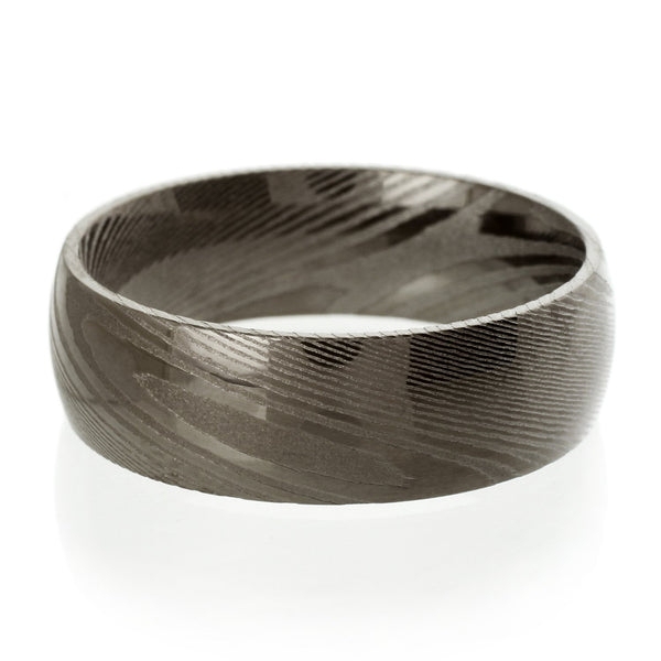 8mm Dome Style Black Damascus steel ring | wholesale Damascus Steel wedding bands & Rings | Flat White photo