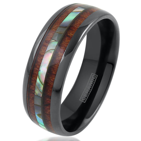 Black ceramic dome ring w/ abalone & Koa wood inlays | Discount tungsten rings - wedding bands | White photo