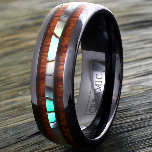 Black ceramic dome ring w/ abalone & Koa wood inlays | Discount tungsten rings - wedding bands | Dark wood photo