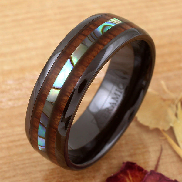 Black ceramic dome ring w/ abalone & Koa wood inlays | Discount tungsten rings - wedding bands | Light wood photo