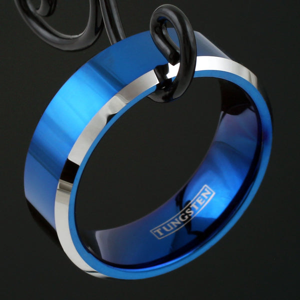 Polished Royal Blue tungsten ring with silver beveled edges | Wholesale Tungsten Rings - Wedding Bands | Hook photo