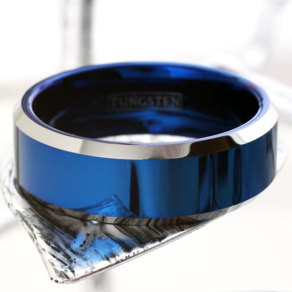 Polished Royal Blue tungsten ring with silver beveled edges | Wholesale Tungsten Rings - Wedding Bands | Leaf photo