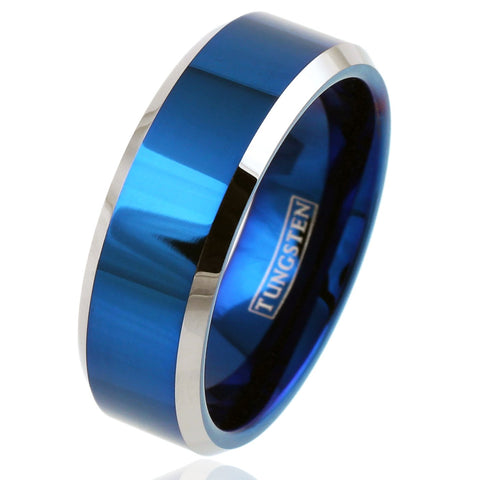 Polished Royal Blue tungsten ring with silver beveled edges | Wholesale Tungsten Rings - Wedding Bands | Tilted photo