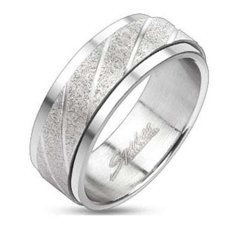 Stainless steel band style ring with sand sparkle spinning band and slash lines | Wholesale Jewelry