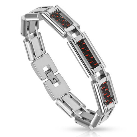 Bar link bracelet with 3 black/Red carbon fiber inlay bars | Wholesale 316L Stainless Steel Jewelry