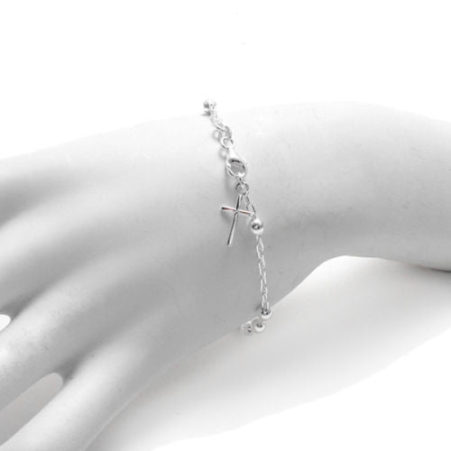 Pretty Beads and Cross Chain Link Bracelet - 7 Inch | Wholesale Sterling Silver Jewelry | Alternate