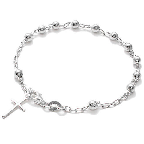 Pretty Beads and Cross Chain Link Bracelet - 7 Inch | Wholesale Sterling Silver Jewelry | Main