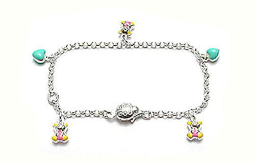 Colorful Child's Bracelet with Bear and Heart Charms - 6 Inch | Wholesale 925 Sterling Silver Jewelry