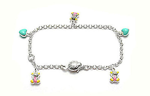 Colorful Child's Bracelet with Bear and Heart Charms - 6 Inch | Wholesale 925 Sterling Silver Jewelry