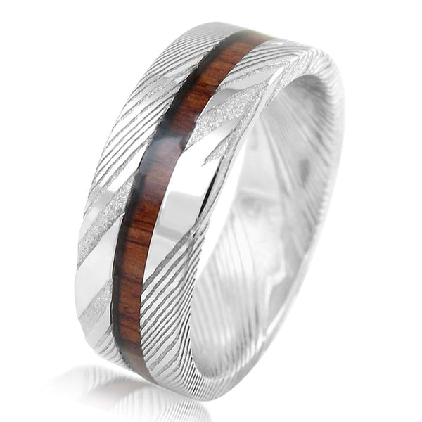 8mm Damascus steel ring w/ sandalwood inlay | wholesale Damascus Steel wedding bands & Rings | White photo