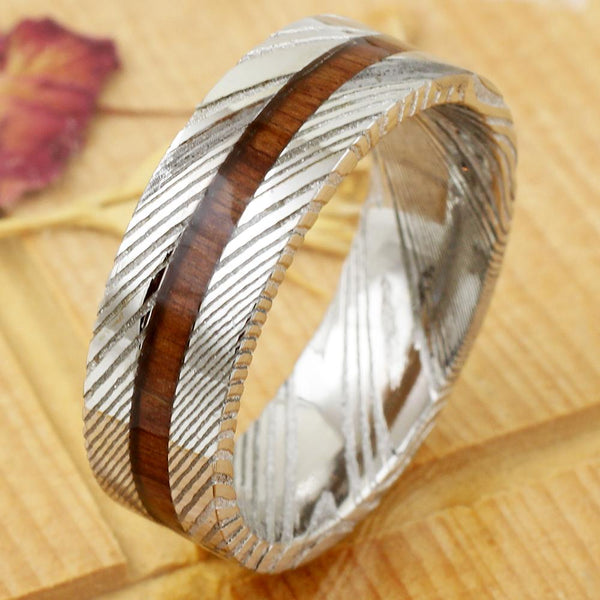 8mm Damascus steel ring w/ sandalwood inlay | wholesale Damascus Steel wedding bands & Rings | Tilted Wood Photo