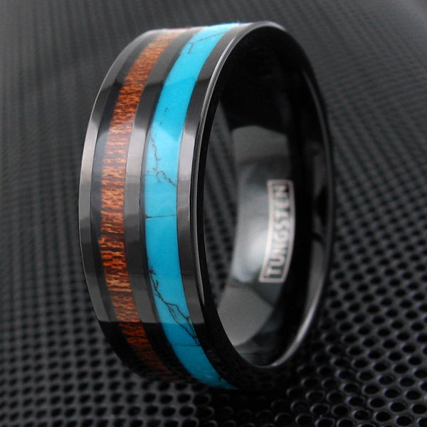 Flat black tungsten ring w/ turquoise and Koa wood inlays | Wholesale tungsten rings - wedding bands | Black photo