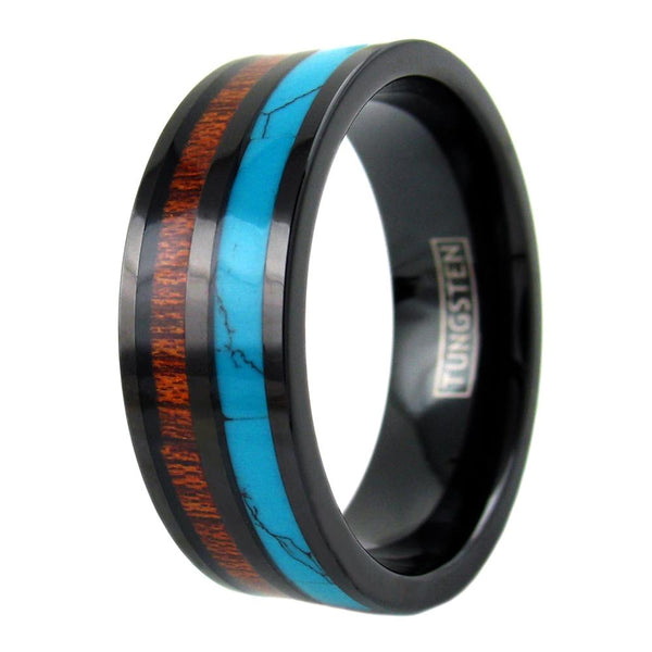 Flat black tungsten ring w/ turquoise and Koa wood inlays | Wholesale tungsten rings - wedding bands | Upright photo
