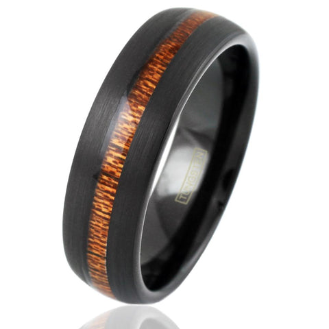 Black low dome tungsten carbide band ring w/ center Koa wood inlay | Wholesale tungsten rings - wedding bands | Diagonal photo