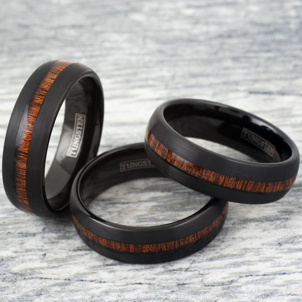 Black low dome tungsten carbide band ring w/ center Koa wood inlay | Wholesale tungsten rings - wedding bands | Group photo