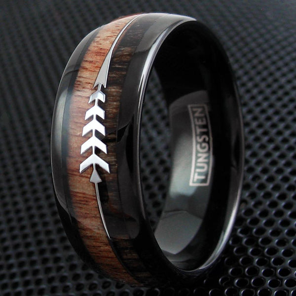 Black tungsten dome ring w/ Koa wood inlay & feathered arrow | Wholesale tungsten rings - wedding bands | Black photo