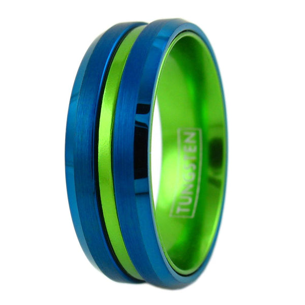 Blue tungsten ring | Anodized Aluminum Lime green stripe & inner band | Wholesale tungsten rings - wedding bands | Upright photo