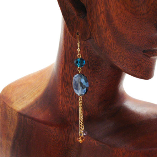 Blue oval crystal with orange & clear accents on long hook earrings | Wholesale Fashion Jewelry | Alternate photo