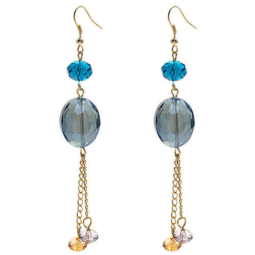 Blue oval crystal with orange & clear accents on long hook earrings | Wholesale Fashion Jewelry | Item photo