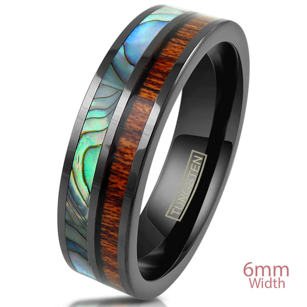 Flat Tungsten Band Ring w/ Abalone & Koa Wood Inlays | Discount Tungsten Rings- Wedding Bands | 6mm White photo
