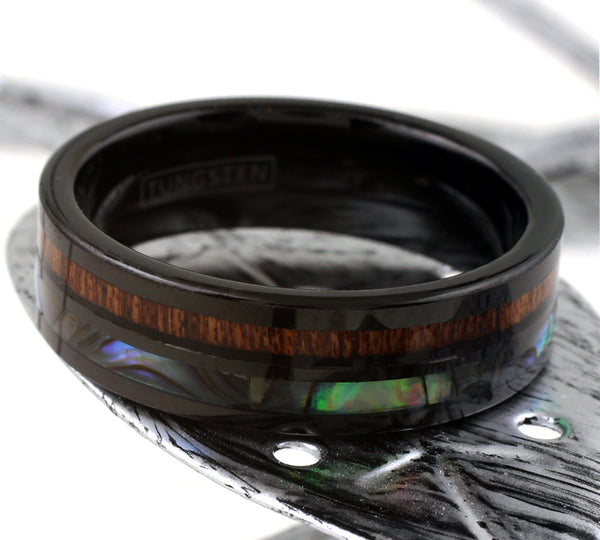 Flat Tungsten Band Ring w/ Abalone & Koa Wood Inlays | Discount Tungsten Rings- Wedding Bands | 6mm Leaf photo