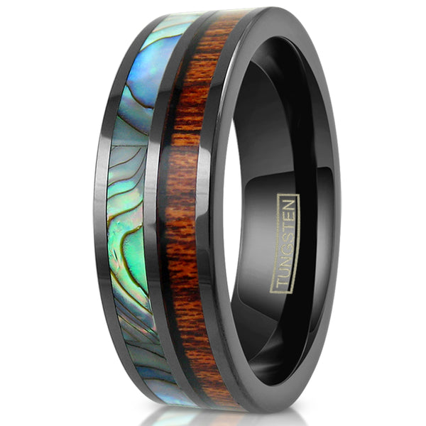 Flat Tungsten Band Ring w/ Abalone & Koa Wood Inlays | Discount Tungsten Rings- Wedding Bands | White photo
