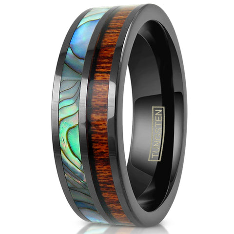 Flat Tungsten Band Ring w/ Abalone & Koa Wood Inlays | Discount Tungsten Rings- Wedding Bands | White photo