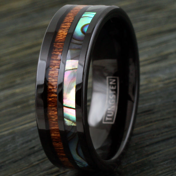 Flat Tungsten Band Ring w/ Abalone & Koa Wood Inlays | Discount Tungsten Rings- Wedding Bands | Wood photo
