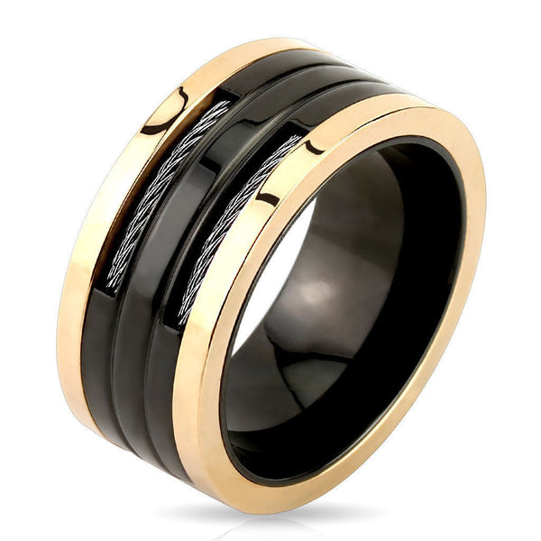 Black and rose gold plated ring with dual cable inlays | Wholesale 316L stainless steel rings - Jewelry