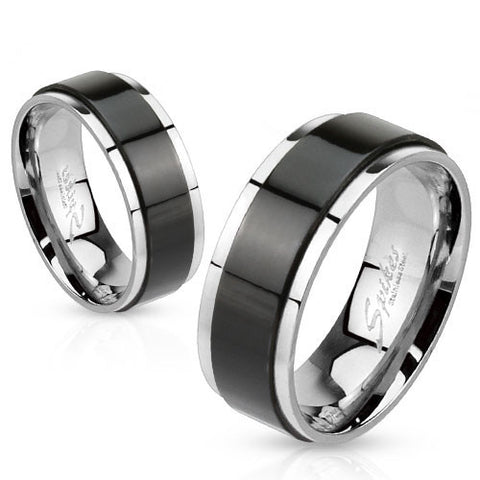 Mirror polished stainless steel ring with black spinning center | Wholesale 316L stainless steel rings - Jewelry