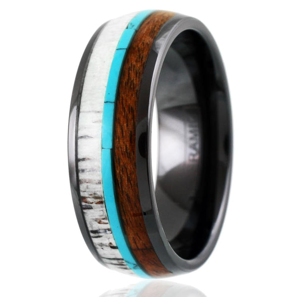 Black ceramic dome ring w/ deer antler, turquoise, & Koa wood inlays | Wholesale ceramic rings - wedding rings | Upright photo