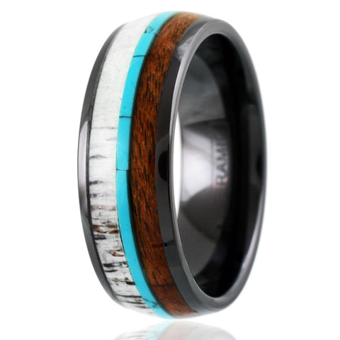 Black ceramic dome ring w/ deer antler, turquoise, & Koa wood inlays | Wholesale ceramic rings - wedding rings | Upright photo