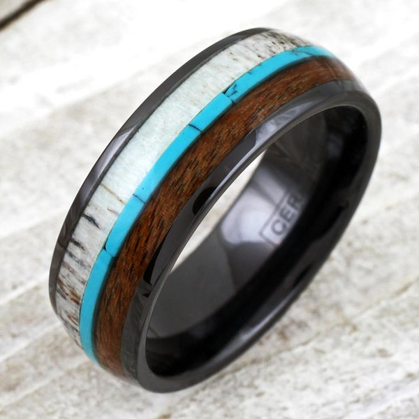 Black ceramic dome ring w/ deer antler, turquoise, & Koa wood inlays | Wholesale ceramic rings - wedding rings | Angled photo