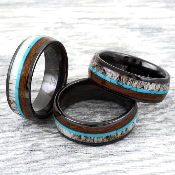 Black ceramic dome ring w/ deer antler, turquoise, & Koa wood inlays | Wholesale ceramic rings - wedding rings | Group photo