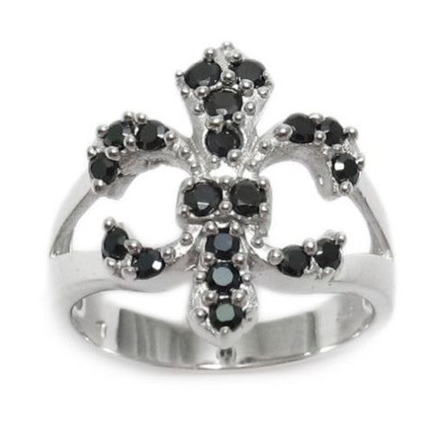 Modern chic Fleur-de-Lis ring with black CZs | Wholesale sterling silver rings - Jewelry | Main photo