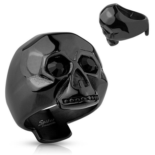 Black ion plated stainless steel skull ring with black CZ eyes | Wholesale Jewelry | Standard photo