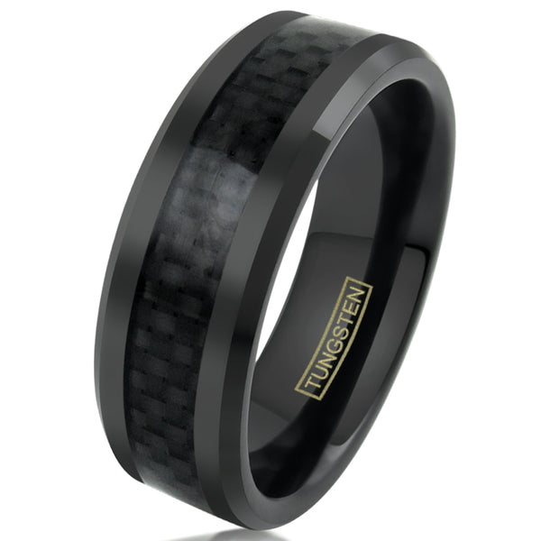 Black Tungsten Carbide Ring w/ Black Faux Carbon Fiber Inlay. Discount Tungsten Rings - Wedding Bands. White Photo.