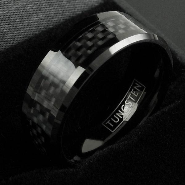 Black Tungsten Carbide Ring w/ Black Faux Carbon Fiber Inlay. Discount Tungsten Rings - Wedding Bands. Black Photo.