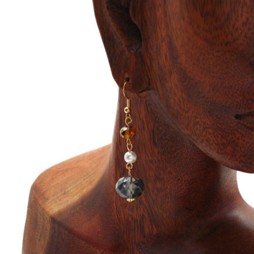 Black gradient crystal with amber crystal and faux pearl hanging earrings | Wholesale Fashion Jewelry | Alternate photo