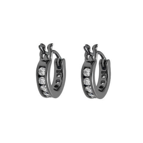 Luxurious Black In-Out Multi-CZ Eternity Hoop Earrings in 12mm | Wholesale Sterling Silver Jewelry | Main