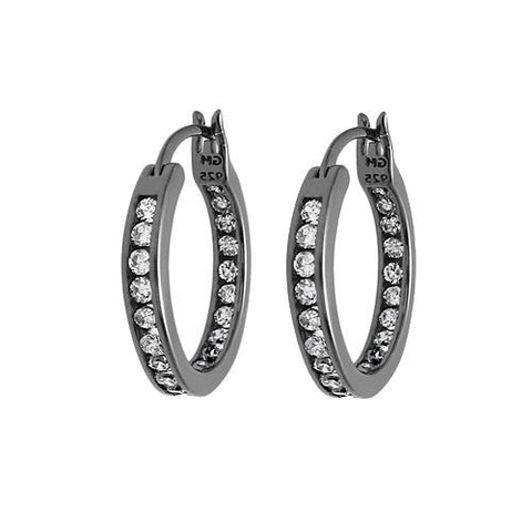 Glamorous Black In-Out Multi-CZ Eternity Hoop Earrings in 22mm | Wholesale Sterling Silver Jewelry | Main