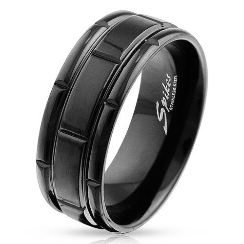 Gorgeous Black Stainless Steel Ring with Box Grooved Center Band and Notched Edges